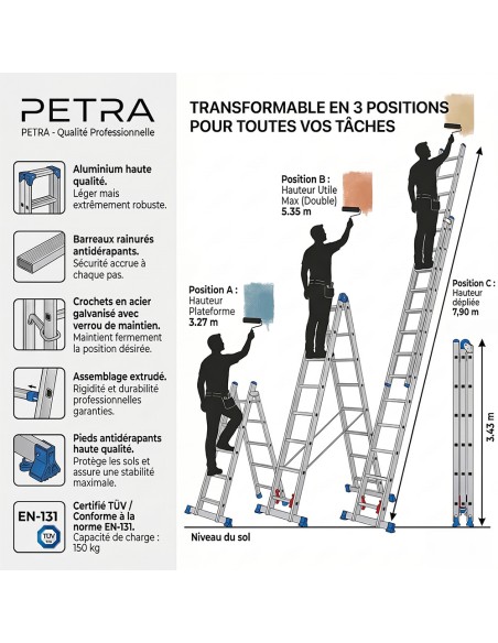 PETRA Echelle professionnelle transformable en aluminium 3 plans