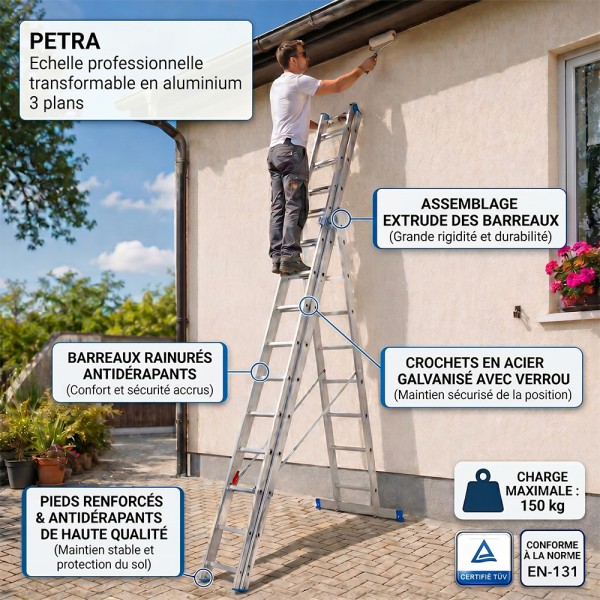 PETRA Echelle professionnelle transformable en aluminium 3 plans