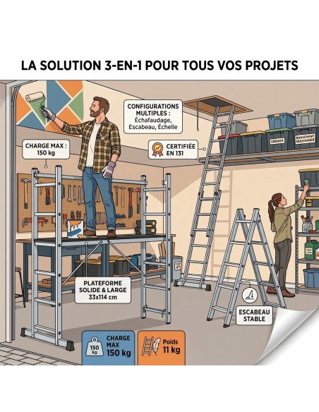 HIGH Échelle 2 Plans Modulable en Aluminium – Polyvalente 3-en-1