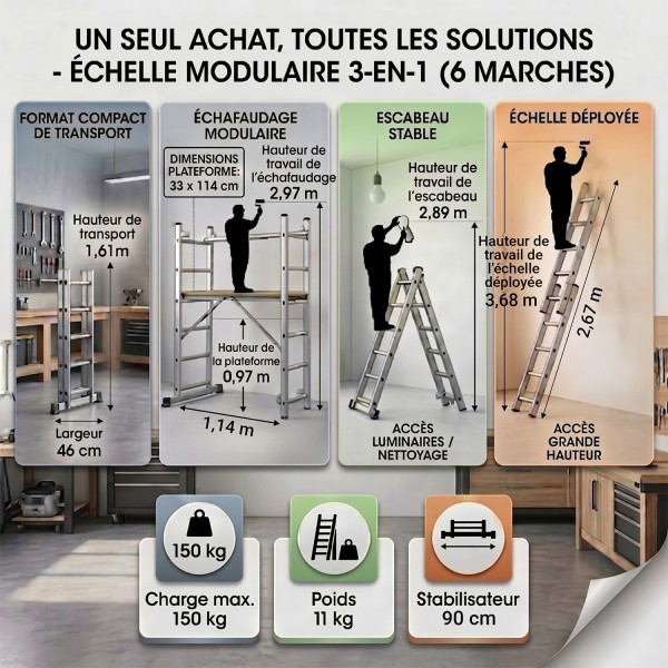 HIGH Échelle 2 Plans Modulable en Aluminium – Polyvalente 3-en-1