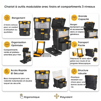 Chariot à outils modulable avec tiroirs et compartiments 3 niveaux 2