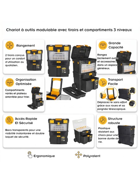 Chariot à outils modulable avec tiroirs et compartiments 3 niveaux