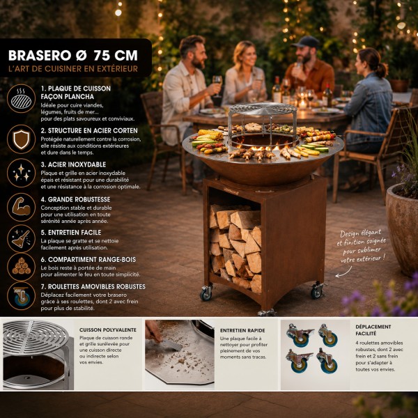 FIESTA Brasero haut acier corten avec plaque et grille amovible inox barbecue plancha extérieur