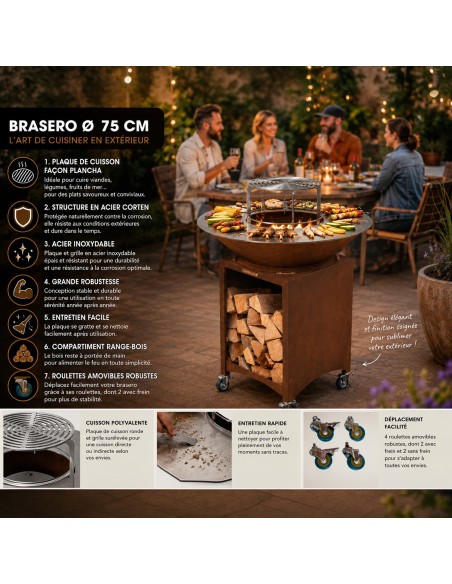 FIESTA Brasero haut acier corten avec plaque et grille amovible inox barbecue plancha extérieur