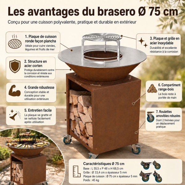 FIESTA Brasero haut acier corten avec plaque et grille amovible inox barbecue plancha extérieur