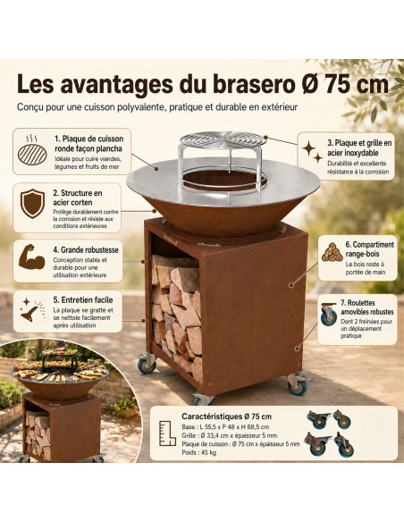 FIESTA Brasero haut acier corten avec plaque et grille amovible inox barbecue plancha extérieur