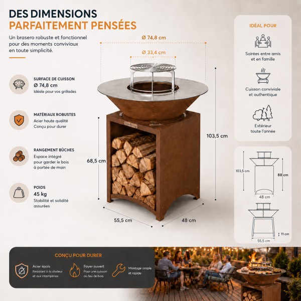 FIESTA Brasero haut acier corten avec plaque et grille amovible inox barbecue plancha extérieur