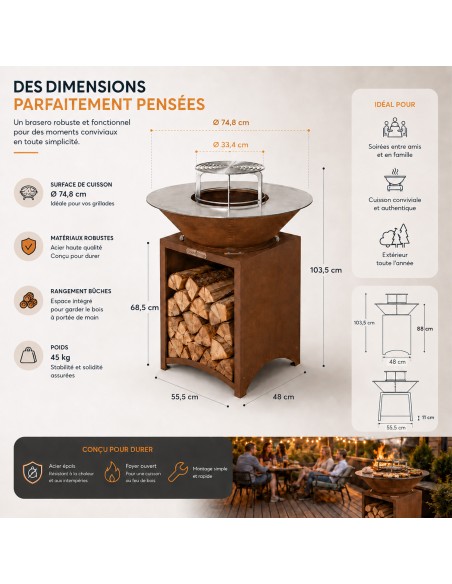 FIESTA Brasero haut acier corten avec plaque et grille amovible inox barbecue plancha extérieur