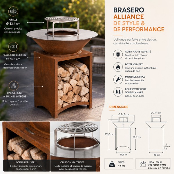 FIESTA Brasero haut acier corten avec plaque et grille amovible inox barbecue plancha extérieur
