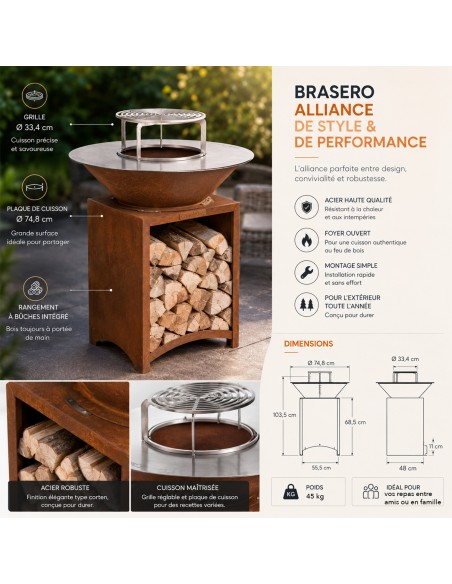 FIESTA Brasero haut acier corten avec plaque et grille amovible inox barbecue plancha extérieur