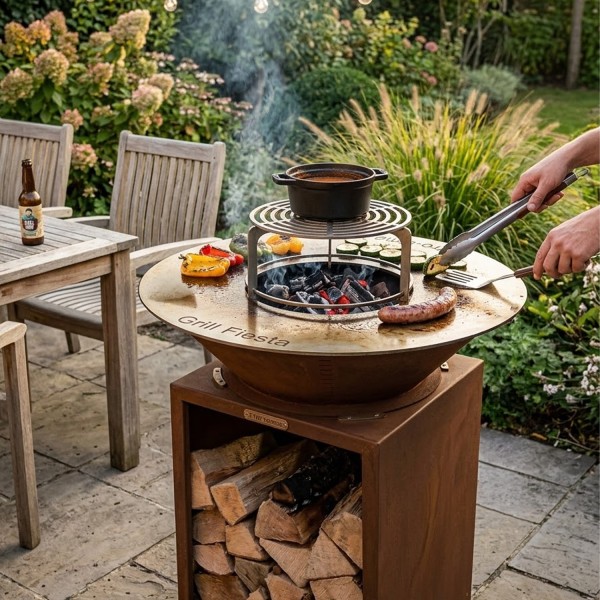 FIESTA Brasero haut acier corten avec plaque et grille amovible inox barbecue plancha extérieur