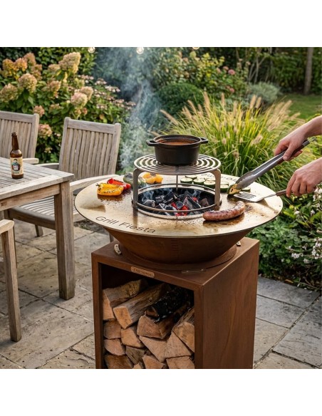 FIESTA Brasero haut acier corten avec plaque et grille amovible inox barbecue plancha extérieur