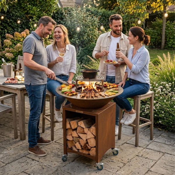FIESTA Brasero haut acier corten avec plaque et grille amovible inox barbecue plancha extérieur