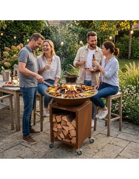 FIESTA Brasero haut acier corten avec plaque et grille amovible inox barbecue plancha extérieur