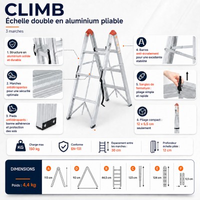 Échelle double pliante aluminium CLIMB – 3, 4 ou 5 marches 2