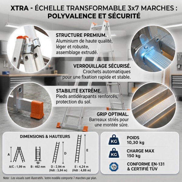 Échelle Transformable 3 Plans Aluminium XTRA | Multi-usages
