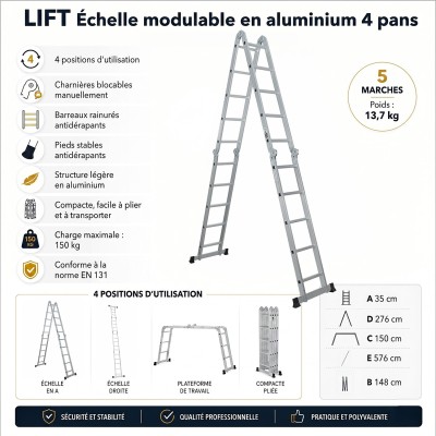 Échelle modulable aluminium 4 pans LIFT 5 marches – 150 kg 2