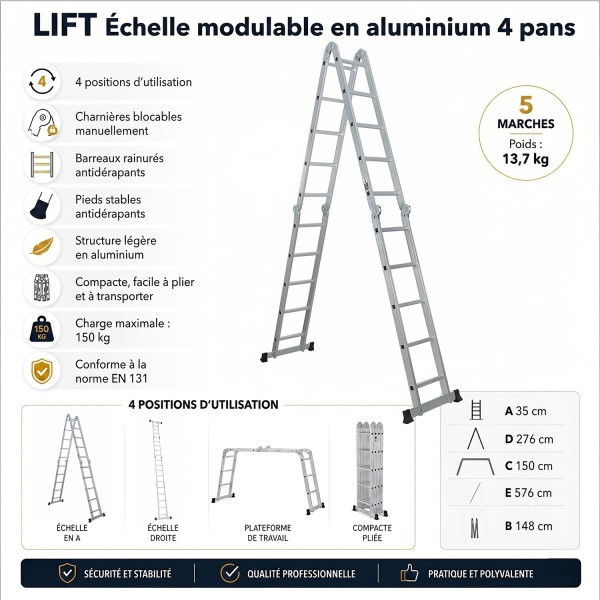 Échelle modulable aluminium 4 pans LIFT 5 marches – 150 kg