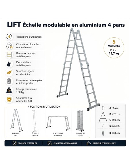 Échelle modulable aluminium 4 pans LIFT 5 marches – 150 kg