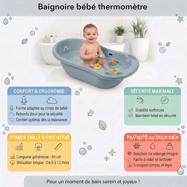 Baignoire bébé thermomètre pied évacuation 86 cm | BB-BOOM