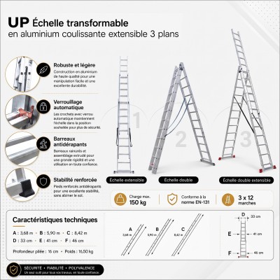 UP Échelle Transformable 3 Plans Aluminium coulissante extensible 2