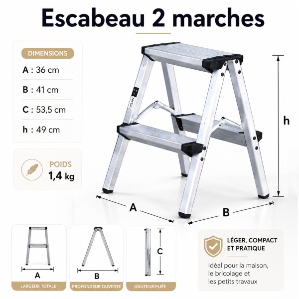 STEP Marchepied double pliable en aluminium – 2 à 5 marches