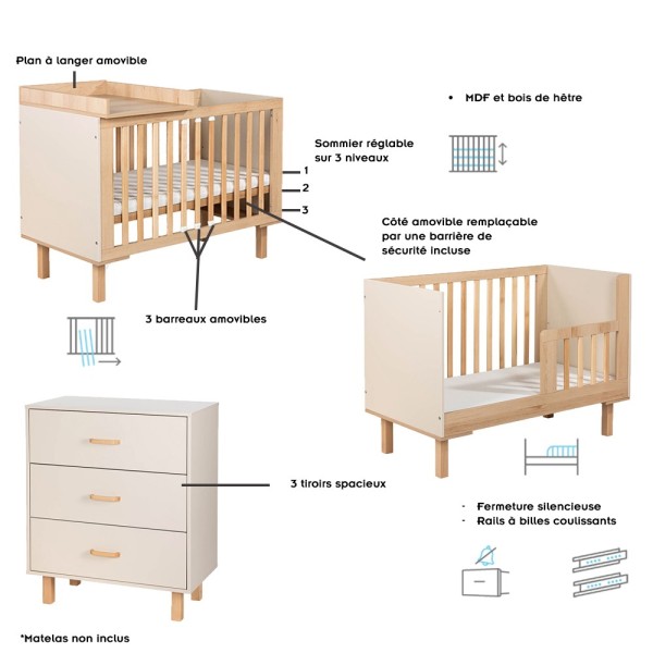 LAURA Ensemble bébé commode et lit évolutif 120x60