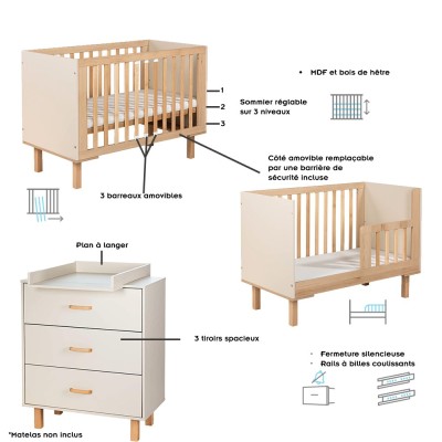 LAURA Ensemble bébé commode et lit évolutif 120x60 2