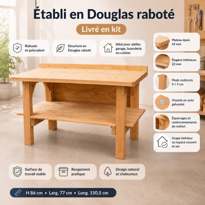 Établi en bois Douglas 150 cm - Plan de travail en kit 2
