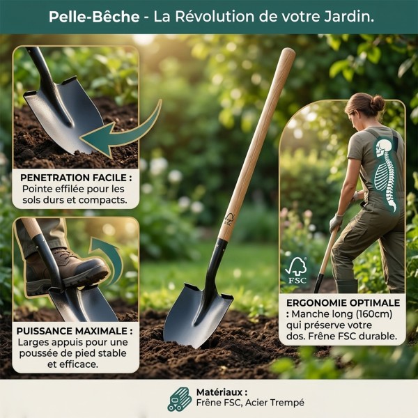 Bêche plate avec rebord en acier manche long en bois de frêne FSC