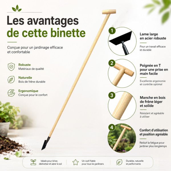 Raclette de jardin à lame large bois de frêne FSC et poignée T