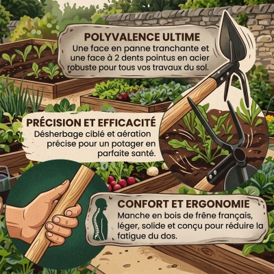 Piochon de jardin pour traçage sillons en acier soudé manche long en bois en frêne FSC 2