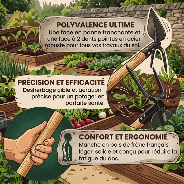 Piochon de jardin pour traçage sillons en acier