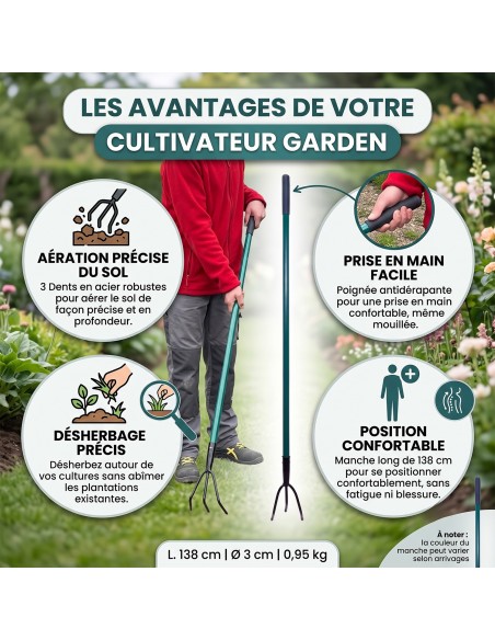GARDEN Outils de jardinage - Cultivateur griffe piocheuse 3 dents avec manche long