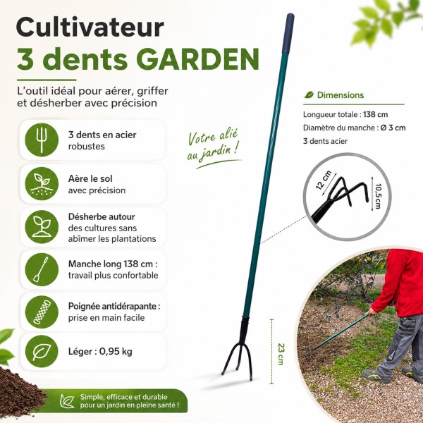 GARDEN Outils de jardinage - Cultivateur griffe piocheuse 3 dents avec manche long