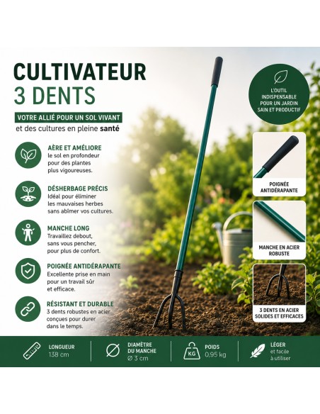 GARDEN Outils de jardinage - Cultivateur griffe piocheuse 3 dents avec manche long