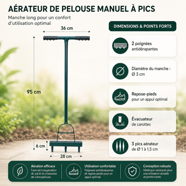 FIO Aérateur de pelouse manuel à pics manche long