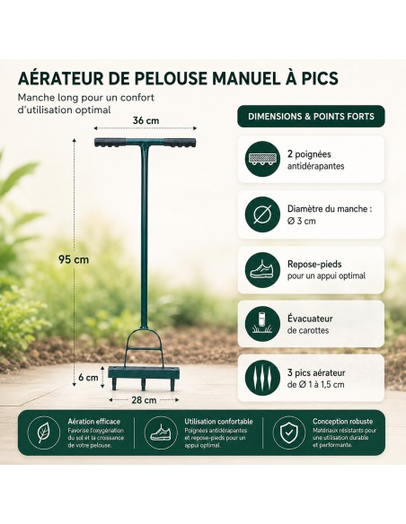 FIO Aérateur de pelouse manuel à pics manche long