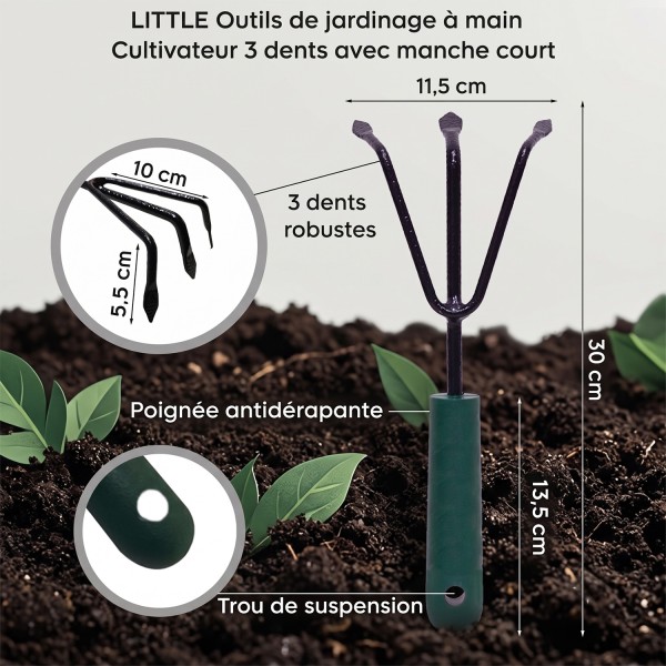 LITTLE Outils de jardinage à main - Cultivateur 3 dents avec manche court