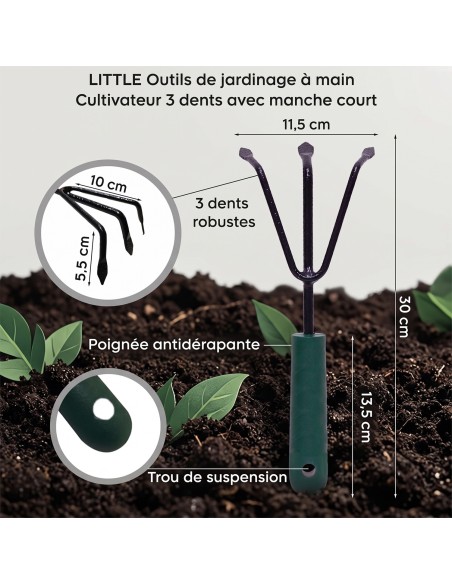 LITTLE Outils de jardinage à main - Cultivateur 3 dents avec manche court