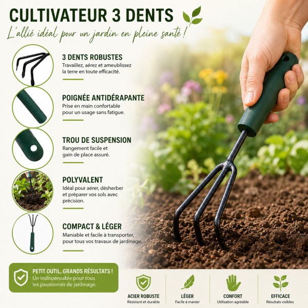 LITTLE Outils de jardinage à main - Cultivateur 3 dents avec manche court