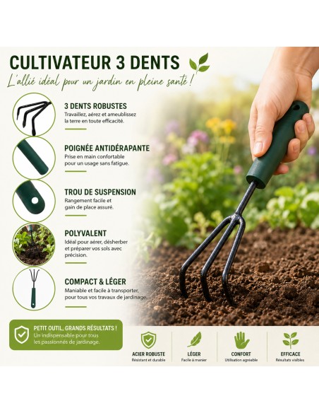 LITTLE Outils de jardinage à main - Cultivateur 3 dents avec manche court