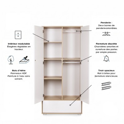 IDA Armoire penderie 2 portes avec étagères et 1 tiroir 2