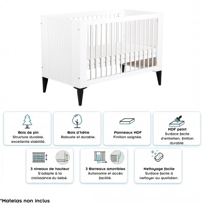 MIA Lit bébé évolutif à barreaux avec sommier réglable 2