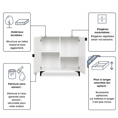 MIA Commode bébé en bois avec étagères 2 portes 2