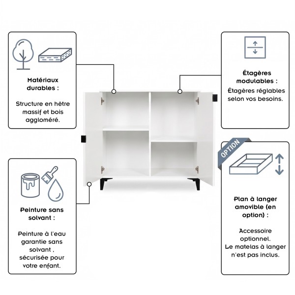 MIA Commode bébé en bois avec étagères 2 portes