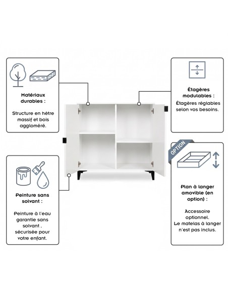 MIA Commode bébé en bois avec étagères 2 portes
