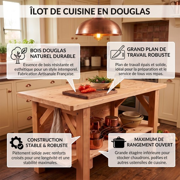 Îlot central de cuisine en bois Douglas