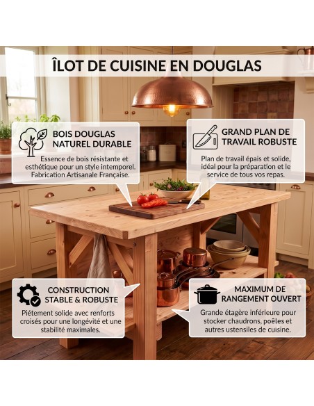 Îlot central de cuisine en bois Douglas