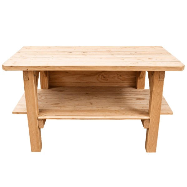 Îlot central cuisine en bois Douglas avec étagère